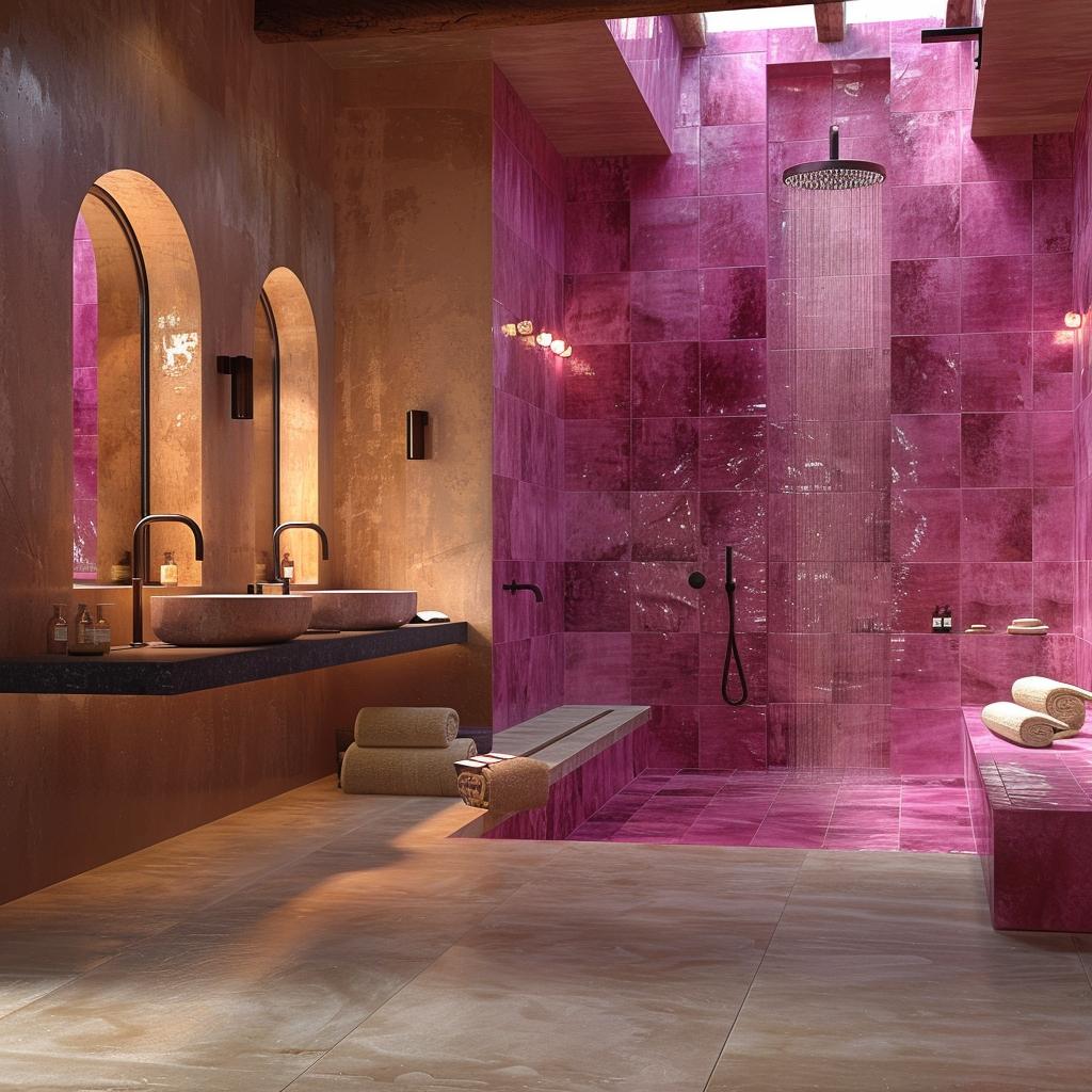 Fuchsia Zellige, a Rain Shower Column, and Adobe Plaster Holding the Line