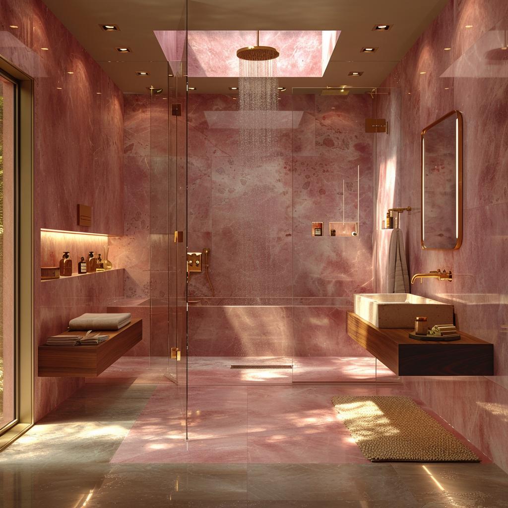 Rose Quartz Walls, a Skylight Rain Shower, and Walnut Floating Shelves Holding Their Own