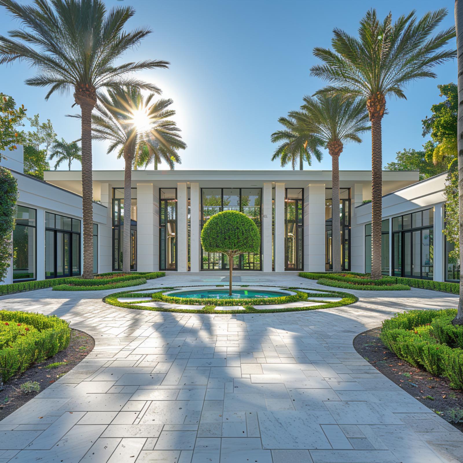 Palm-Lined Entry, Topiary Roundabout, and Limestone Paving That Commands Attention