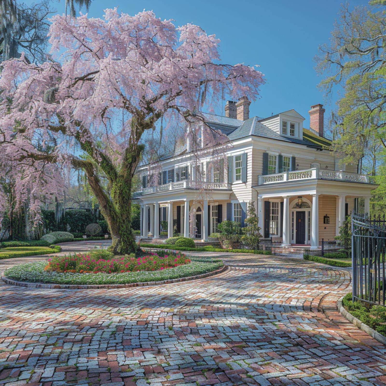 Cherry Blossoms and Herringbone Brick — Southern Grandeur Finds Its Driveway