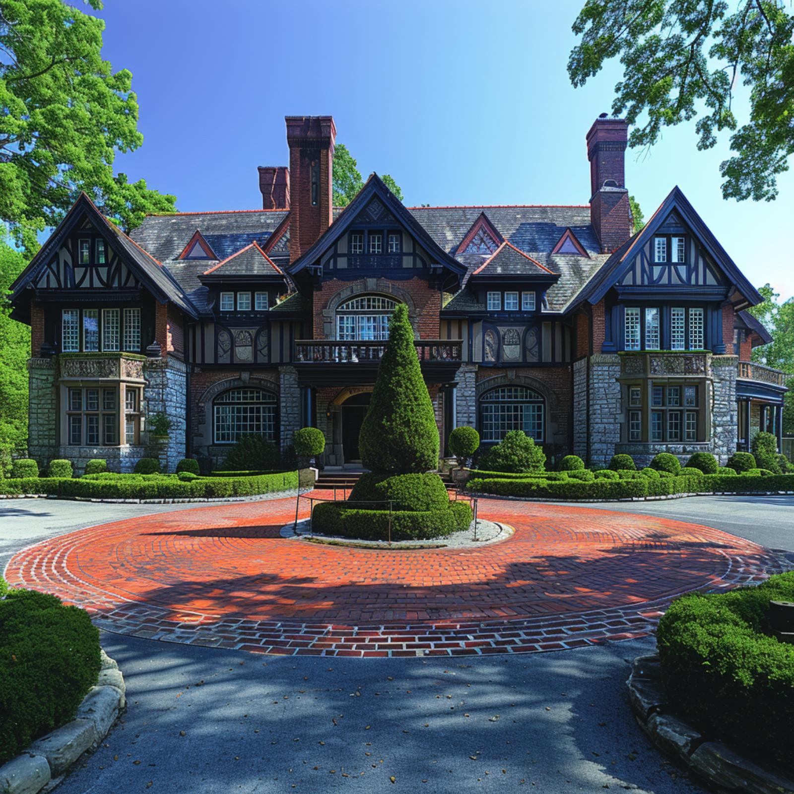 Tudor Revival Grandeur, a Brick Roundabout, and Topiary That Earns Its Place