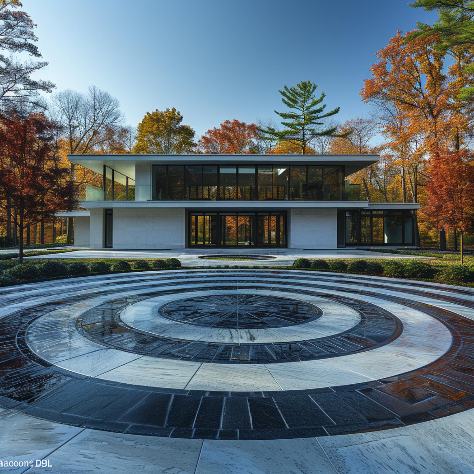 Marble Concentric Circles, Floor-to-Ceiling Glass, and Autumn Trees That Do Half the Work