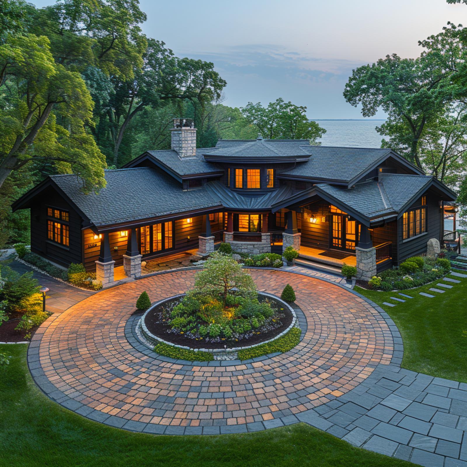 Dark Wood, Stone Columns, and a Circular Paver Court That Commands Attention