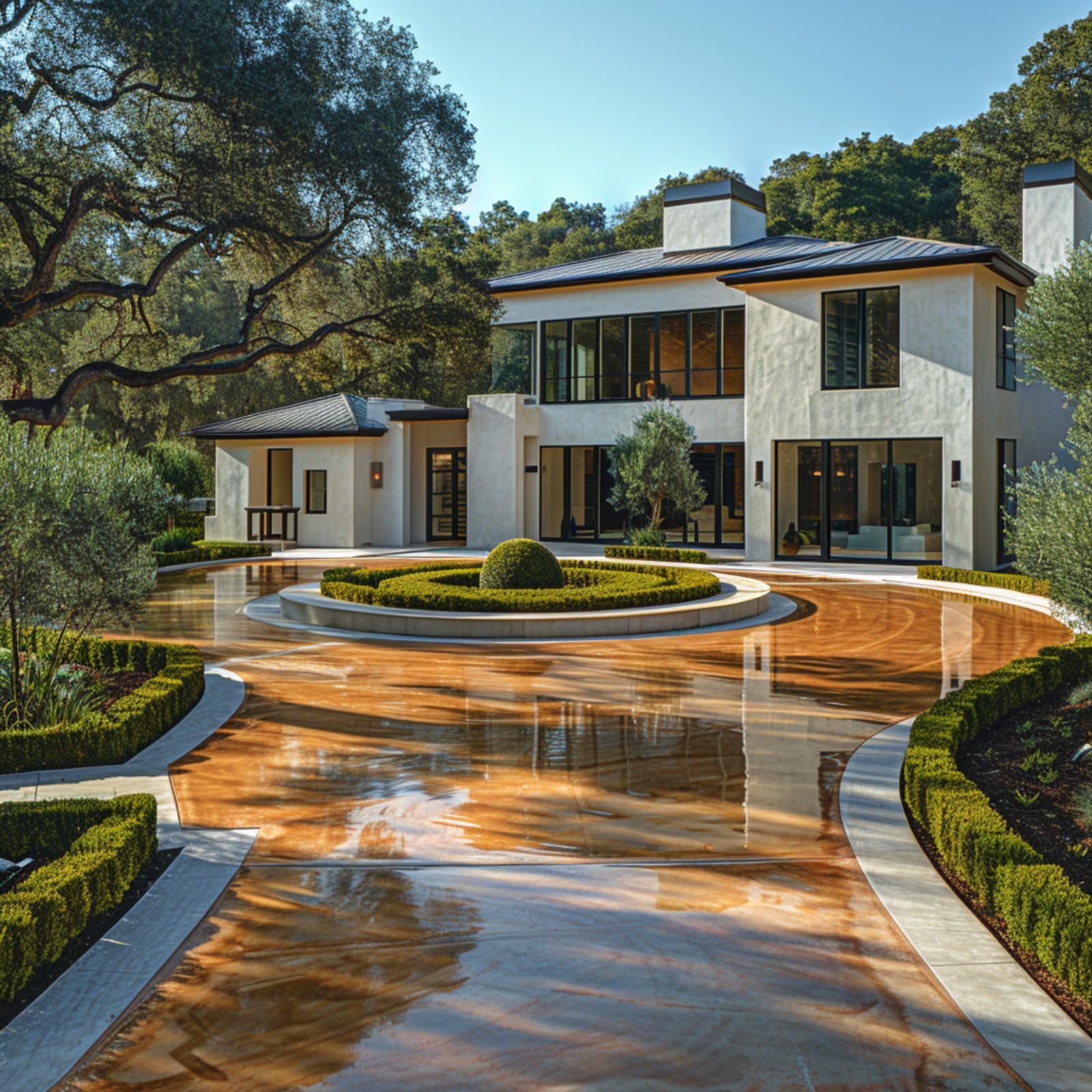 Stucco Walls, a Topiary Roundabout, and Polished Concrete That Reflects Everything