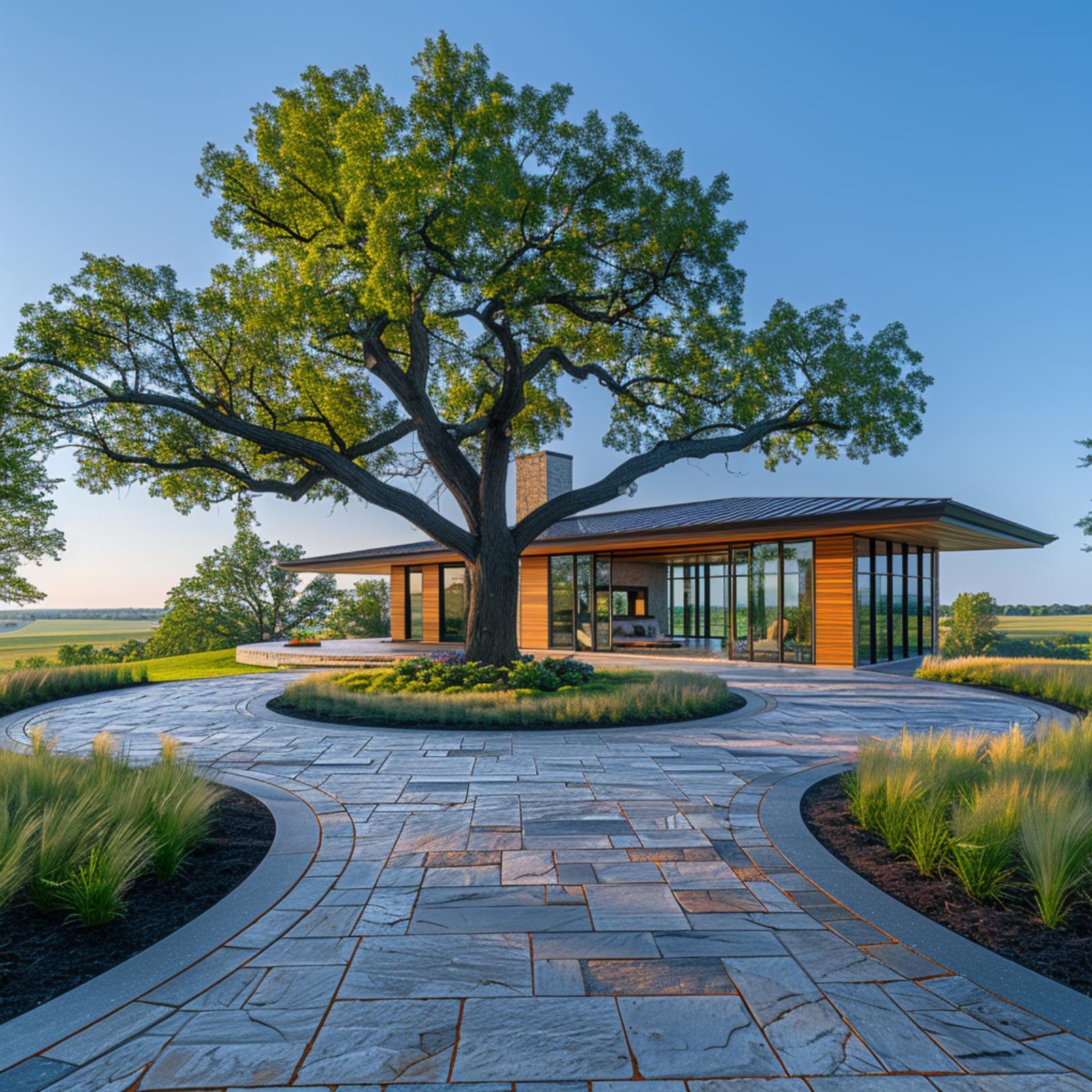 Bluestone Pavers, a Century Oak, and Warm Cedar Cladding That Pulls It All Forward