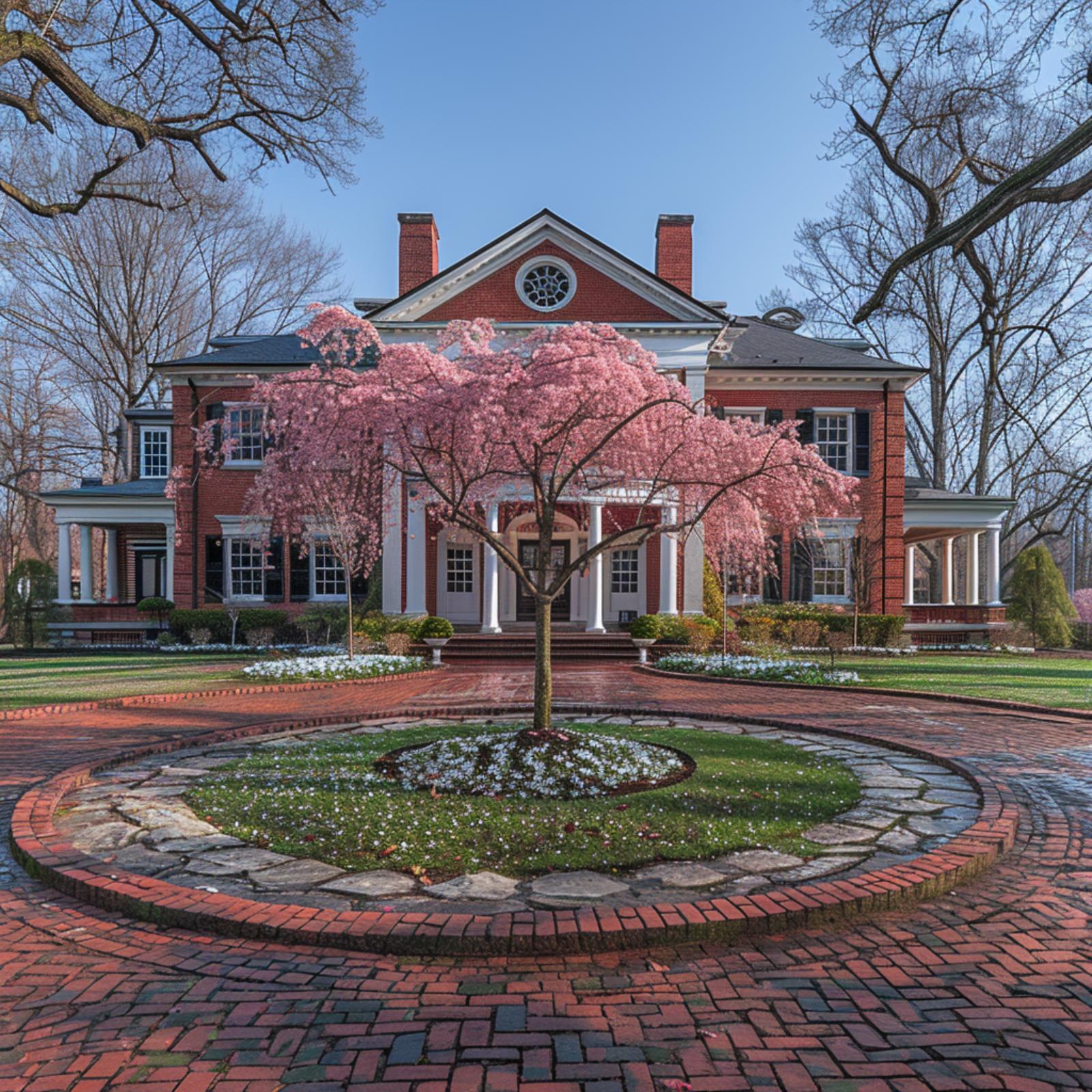 Red Brick, White Columns, and One Weeping Cherry That Steals the Show