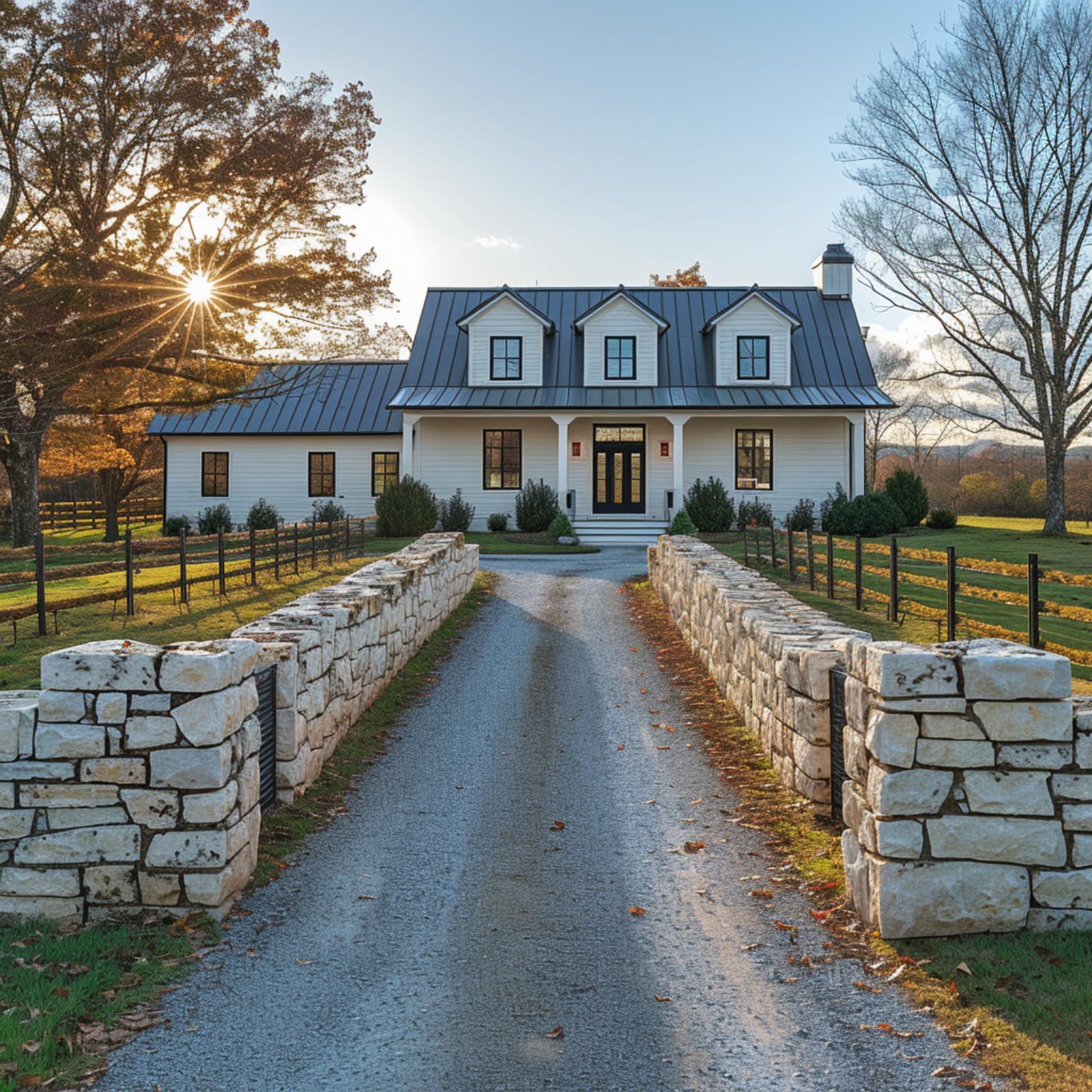 White Board-and-Batten, a Metal Roof, and Stone Walls That Make the Whole Drive Feel Designed