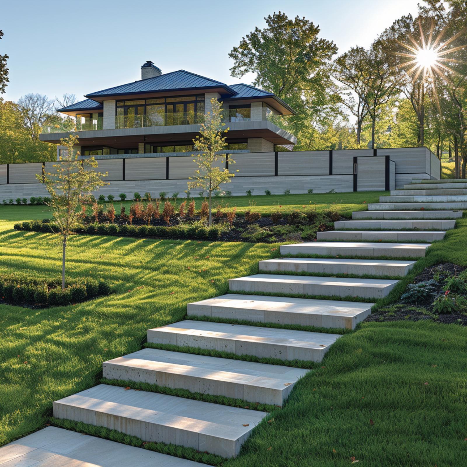 Floating Stone Steps, Prairie Rooflines, and a Retaining Wall That Makes It All Cohere