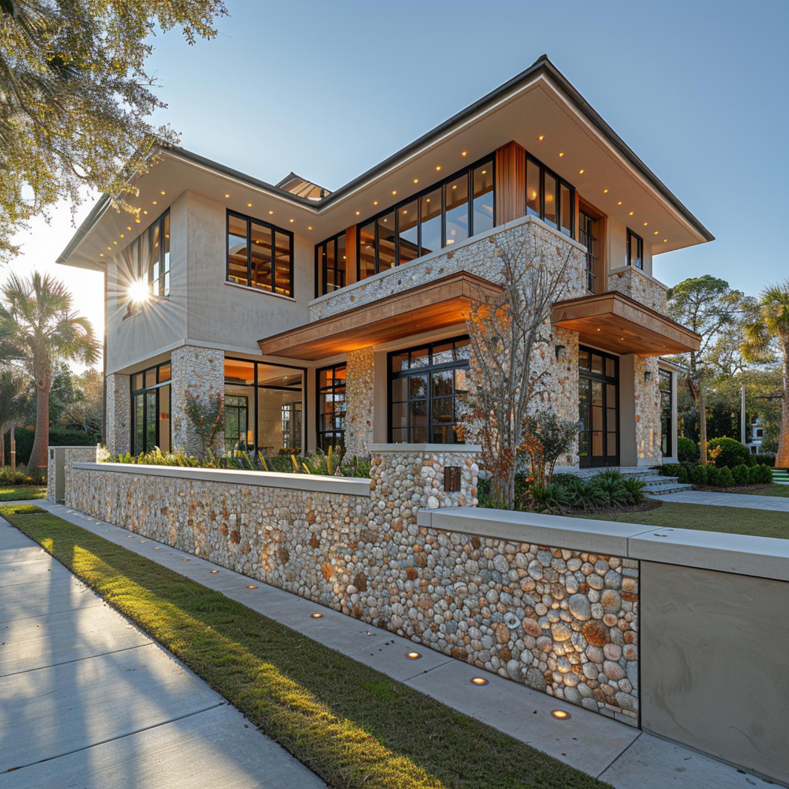 Coquina Stone, Warm Cedar Soffits, and a Boundary Wall That Completes the Picture
