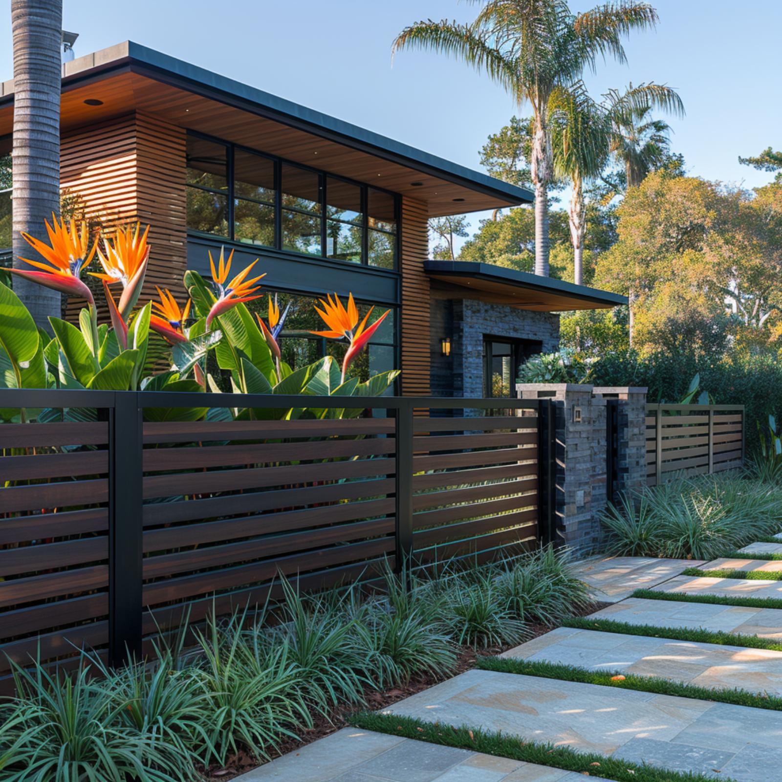 Bird of Paradise, Dark Wood Slats, and a Fence That Makes Tropical Feel Considered