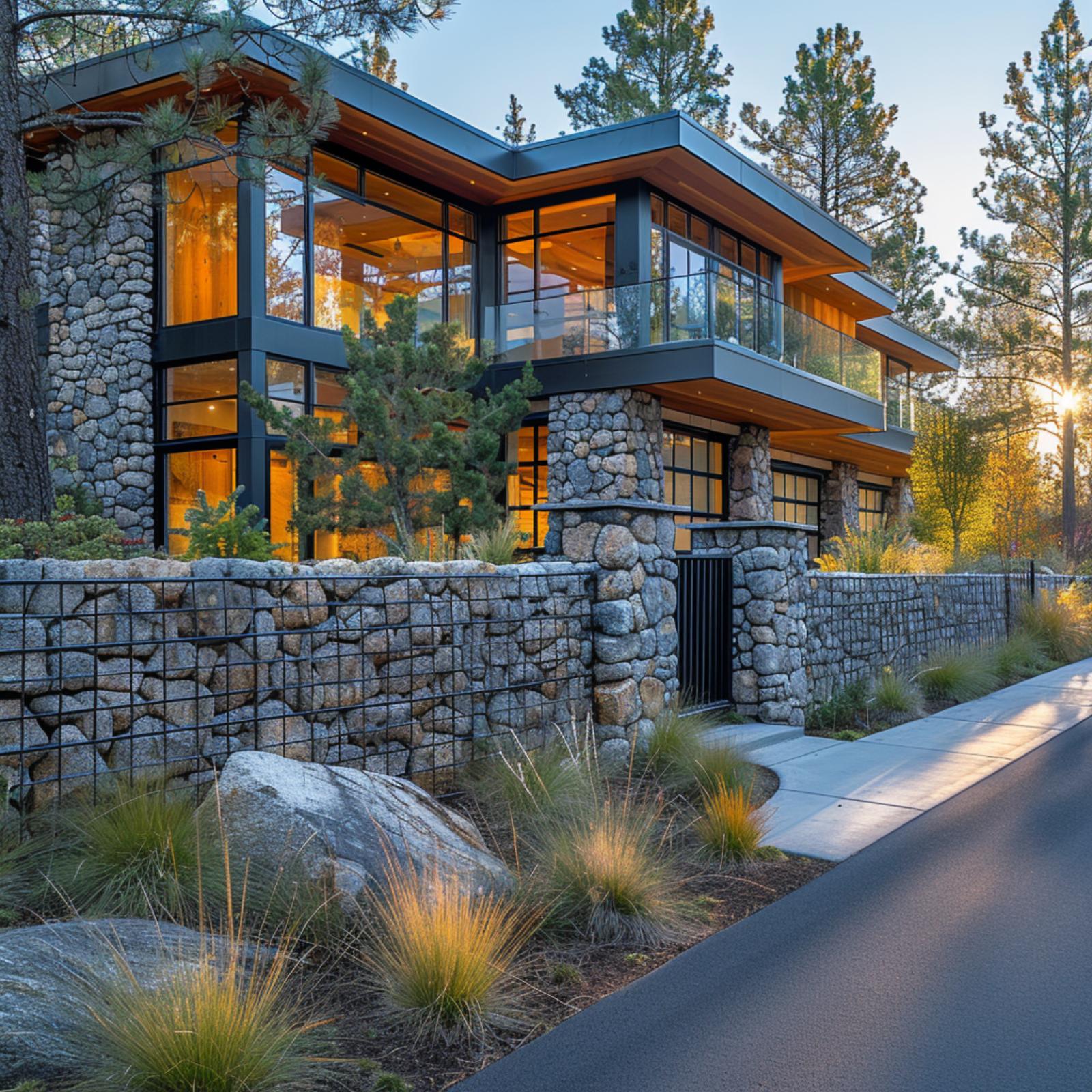 Gabion Walls, Fieldstone Columns, and a Fence That Makes the Whole Site Feel Native