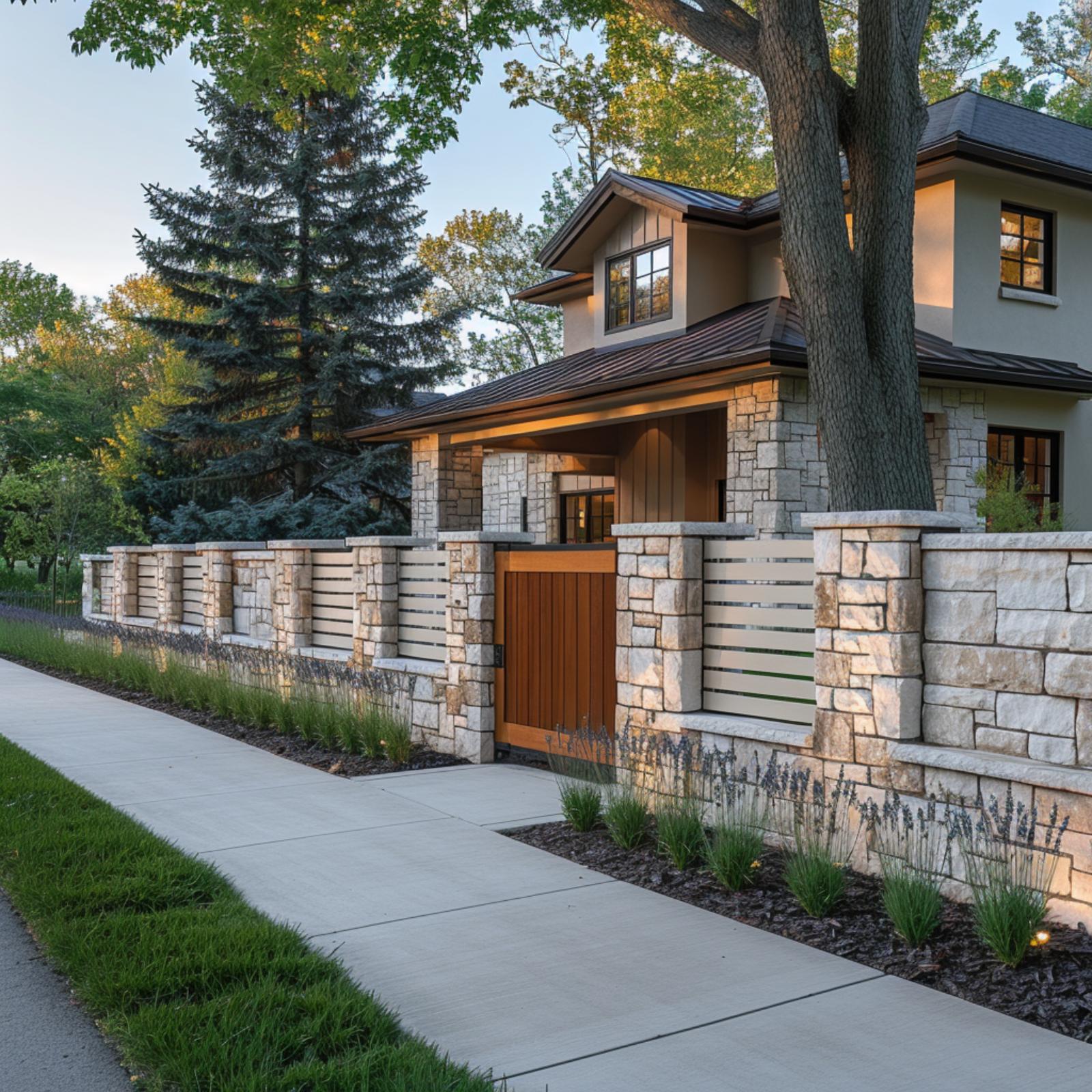 Limestone Columns, a Cedar Gate, and a Perimeter Wall That Locks the Whole Property In