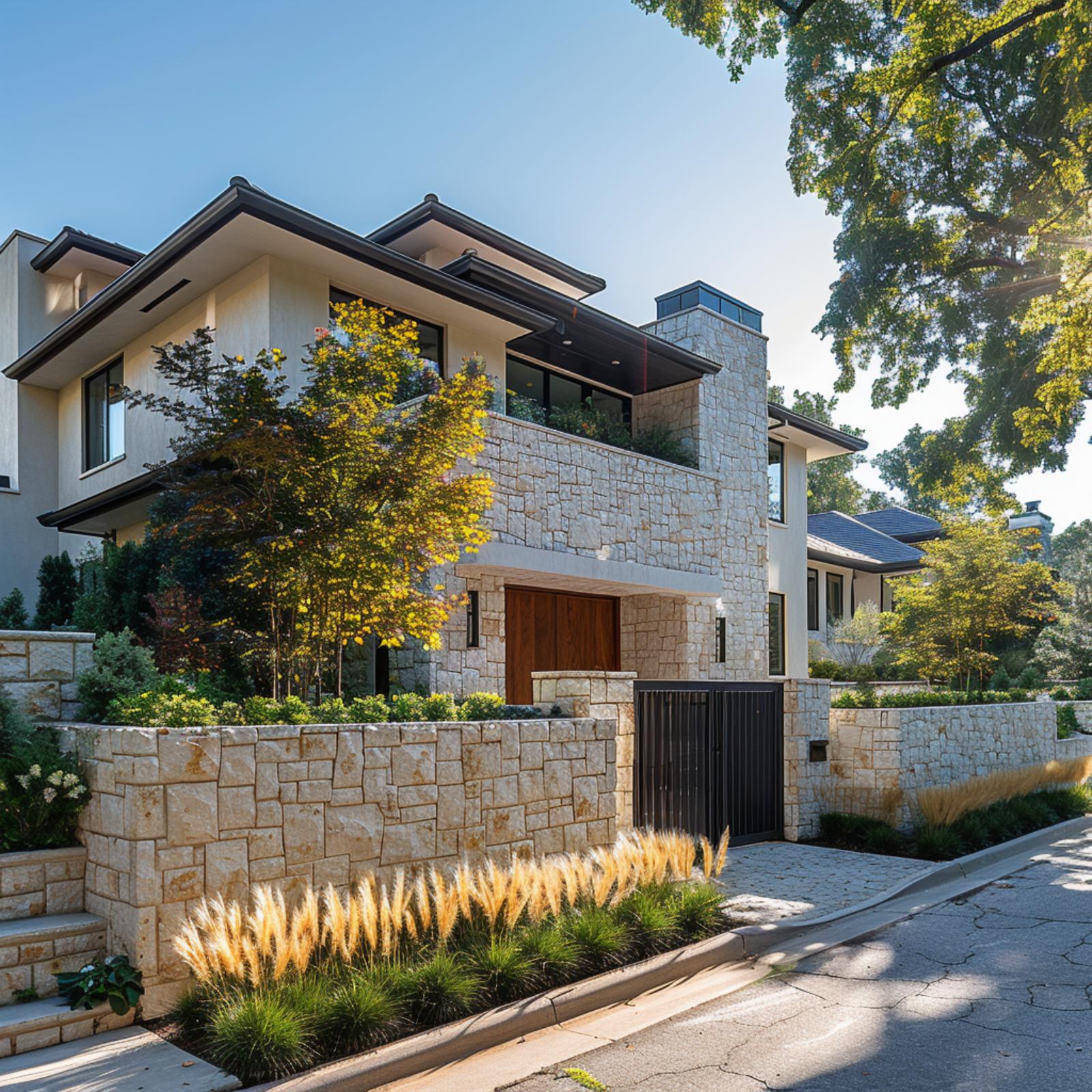 Limestone Block, a Dark Steel Gate, and a Boundary Wall That Makes the Lot Whole
