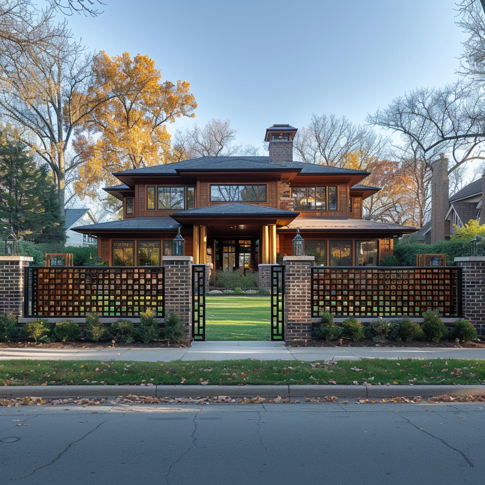 Prairie Style Grid Panels, Brick Columns, and a Fence That Completes the Whole Picture