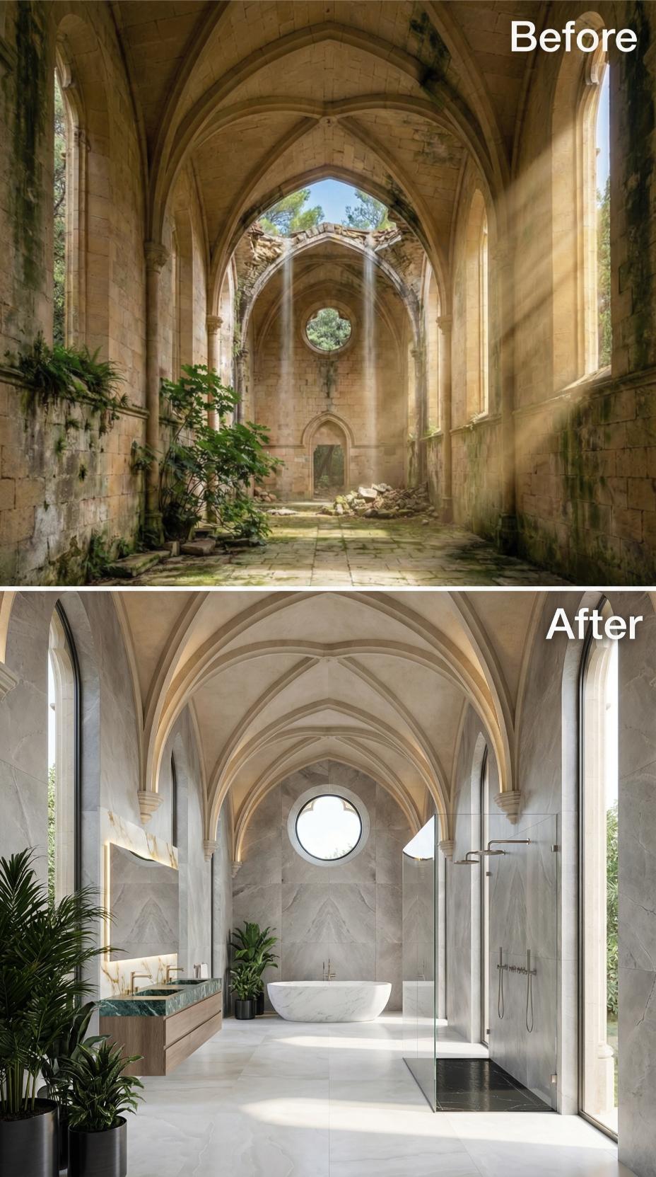 Crumbling Stone Nave Reborn as a Freestanding Tub Sanctuary With Gothic Vaulting