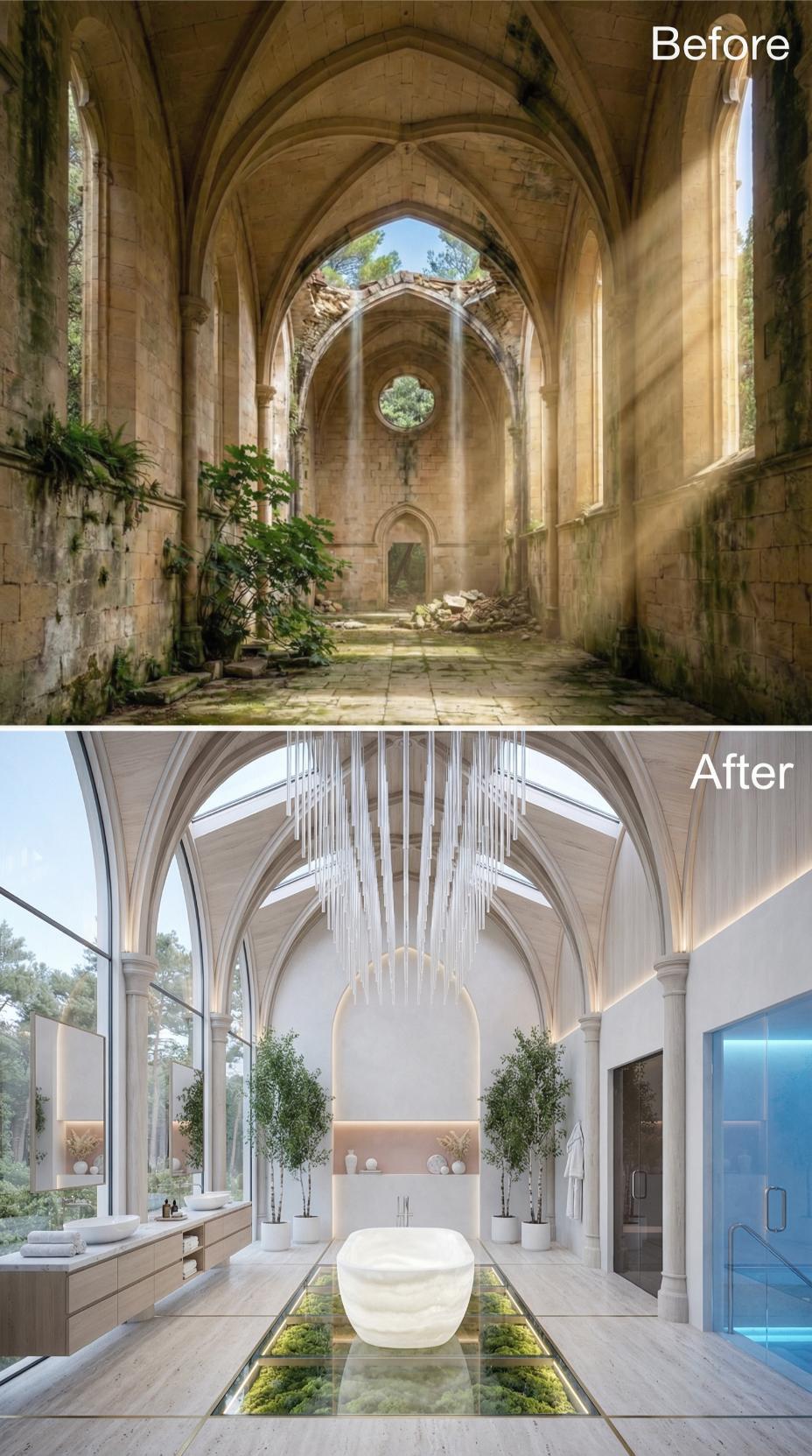 Nave Ruins Recast as a Soaking Room With Glass Floors and Pendant Curtains