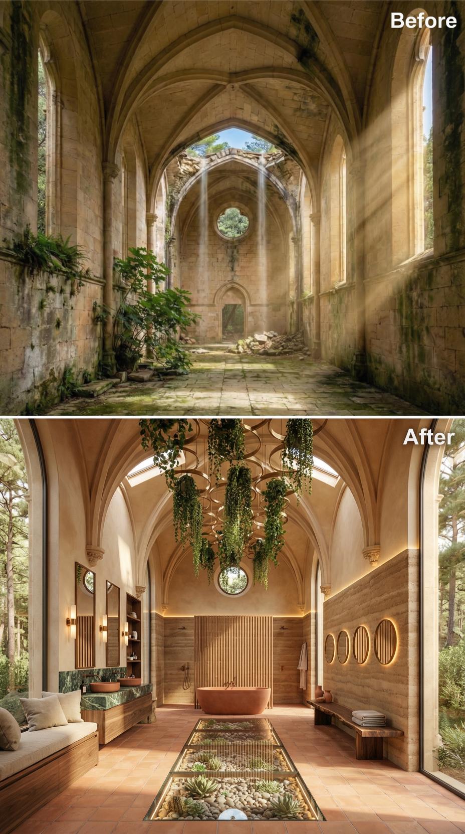 Freestanding Copper Tub and Hanging Succulents Reclaim a Roofless Gothic Nave