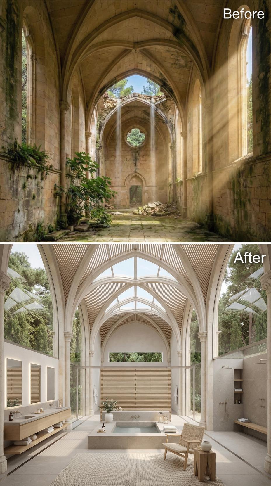 Limestone Nave Ruins Reborn as a Minimalist Bathroom With Slatted Timber Vaulting
