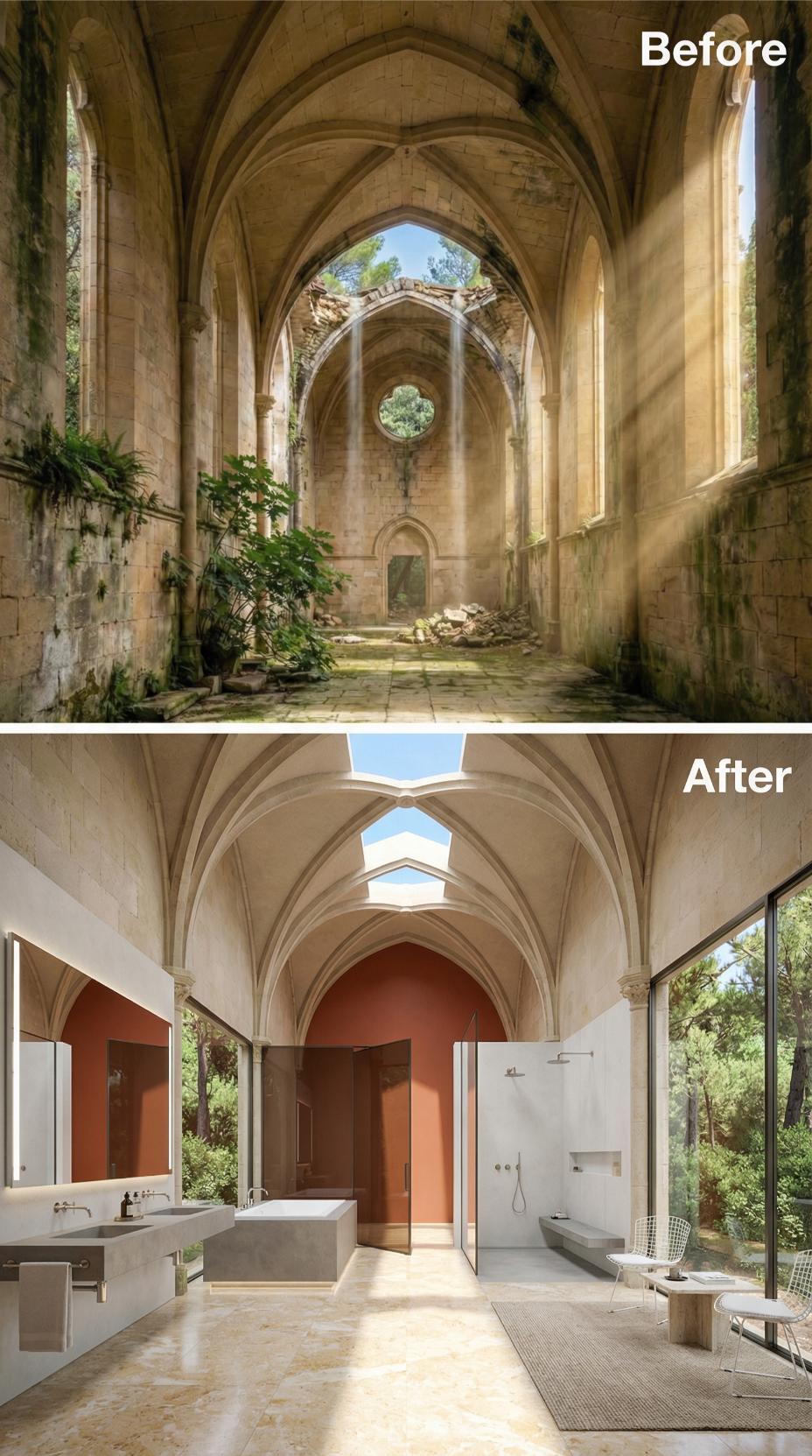 Ruined Nave Reborn as a Terracotta-Walled Bathroom With Gothic Skylights