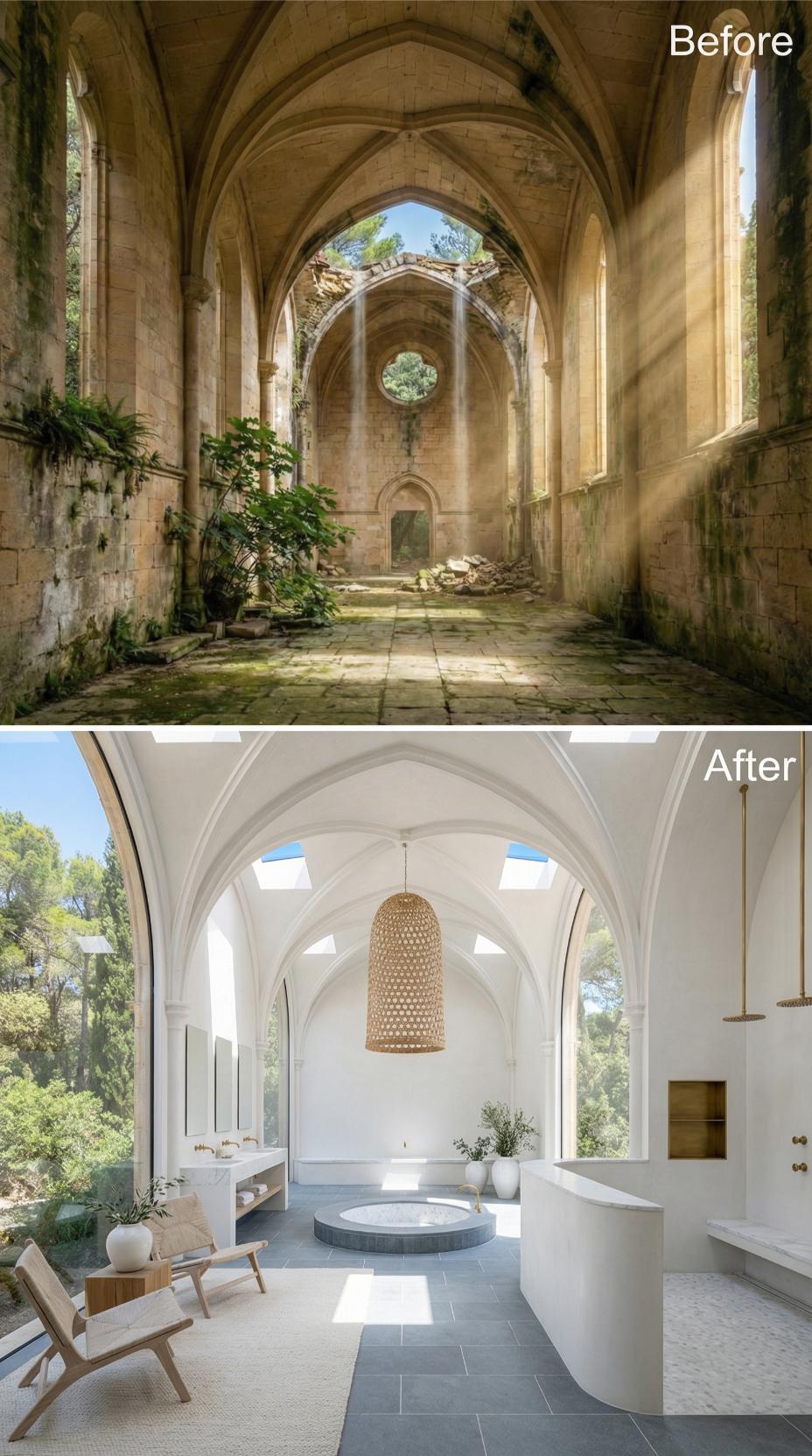 Ruined Gothic Nave Recast as a White Vault Bathroom With a Sunken Round Tub
