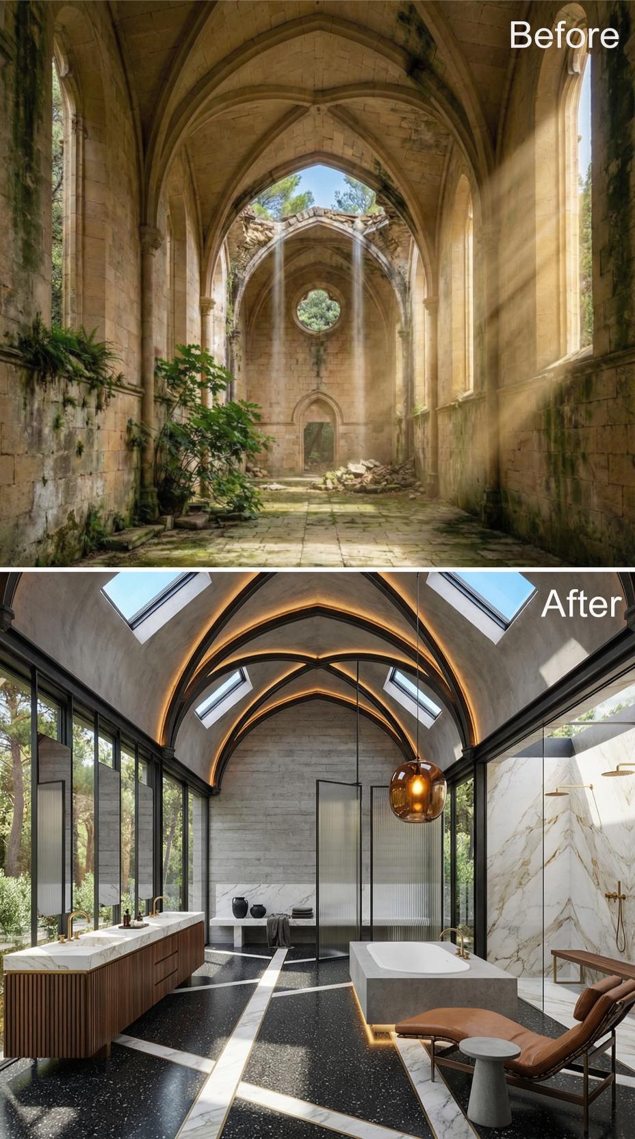 Ribbed Vaults Outlined in Brass Light Above Terrazzo Floors and a Concrete Soaking Tub
