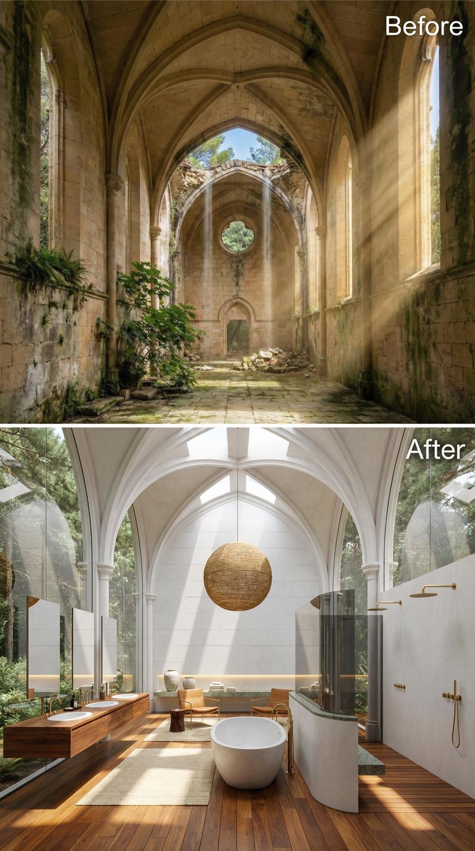 Freestanding Stone Tub and Woven Pendant Light Settle Into a Whitewashed Gothic Nave