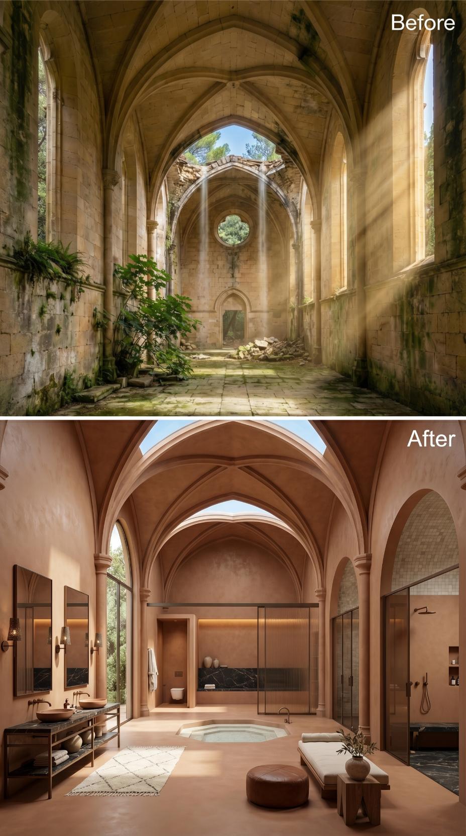 Gothic Nave Ruins Recast as a Rose Plaster Bathroom With Sunken Tub and Vaulted Skylights