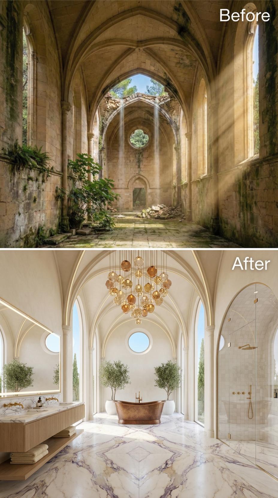Collapsed Gothic Nave Rebuilt as a Copper Tub Bathroom With Marble Floors