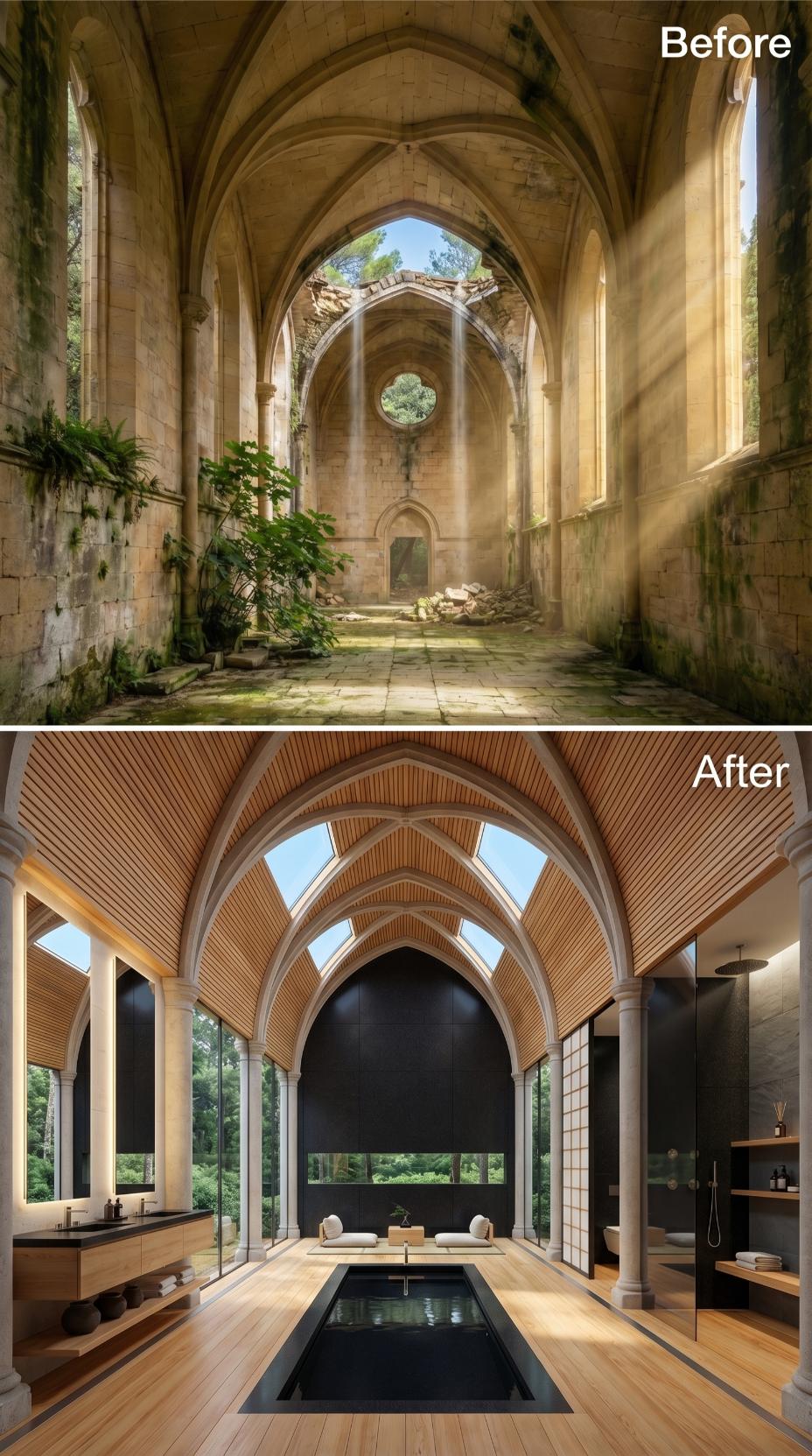 Ribbed Gothic Vaults Clad in Cedar Slats Above a Black Granite Lap Pool