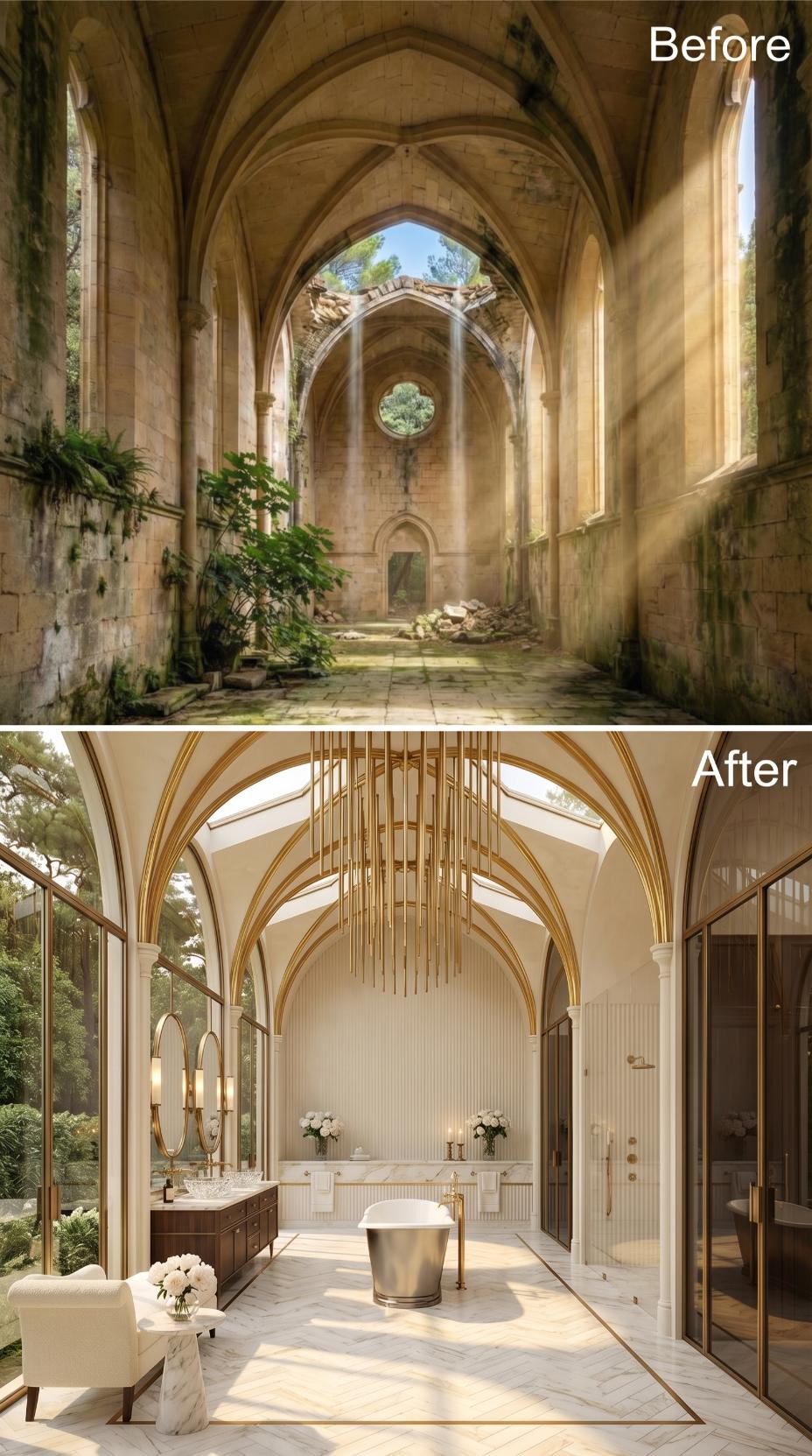 Gold-Trimmed Gothic Arches Preside Over Marble Floors and a Steel Soaking Tub