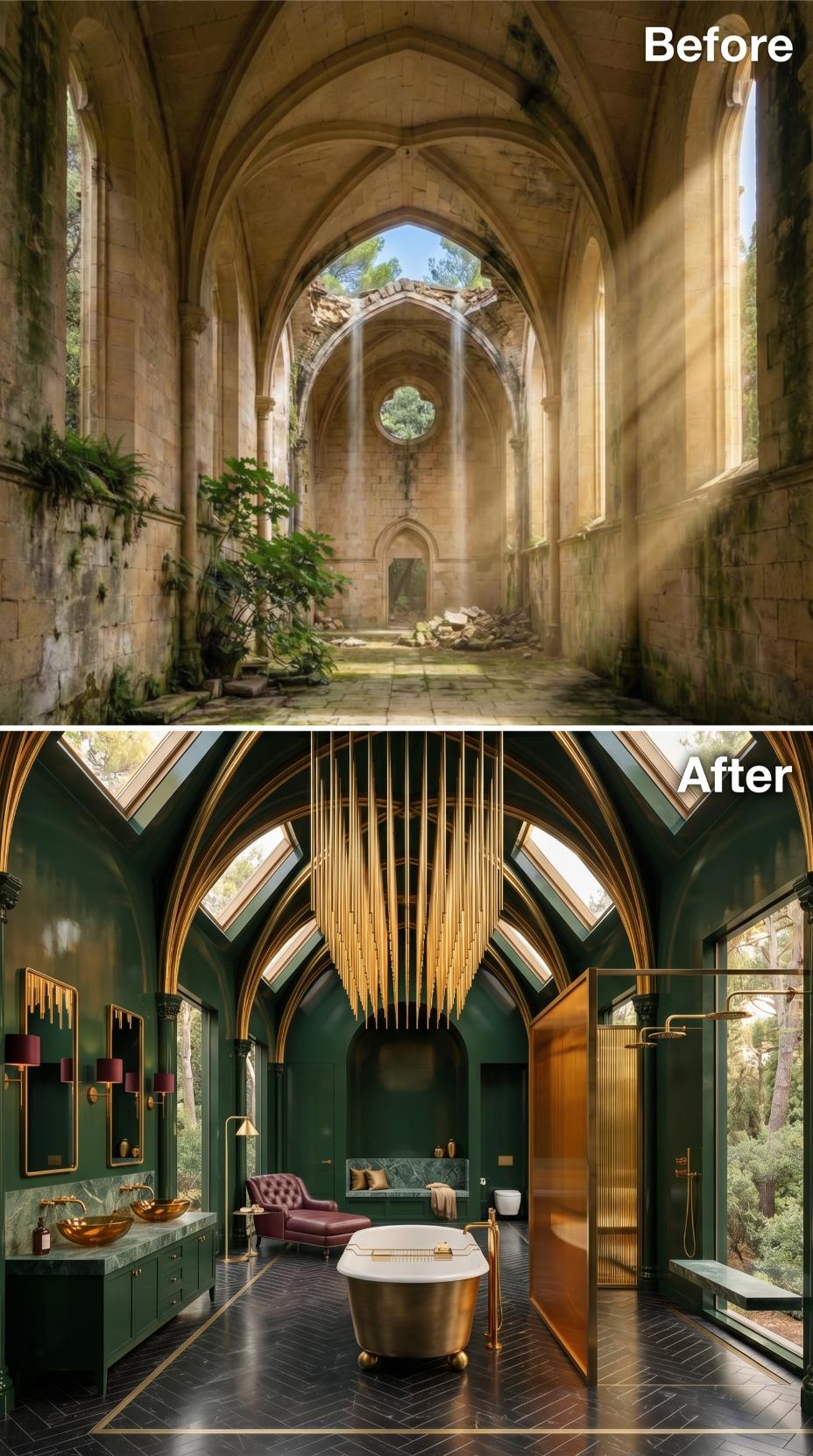 Dark Green Plaster and Gold Pipe Chandelier Reclaim a Collapsed Gothic Nave