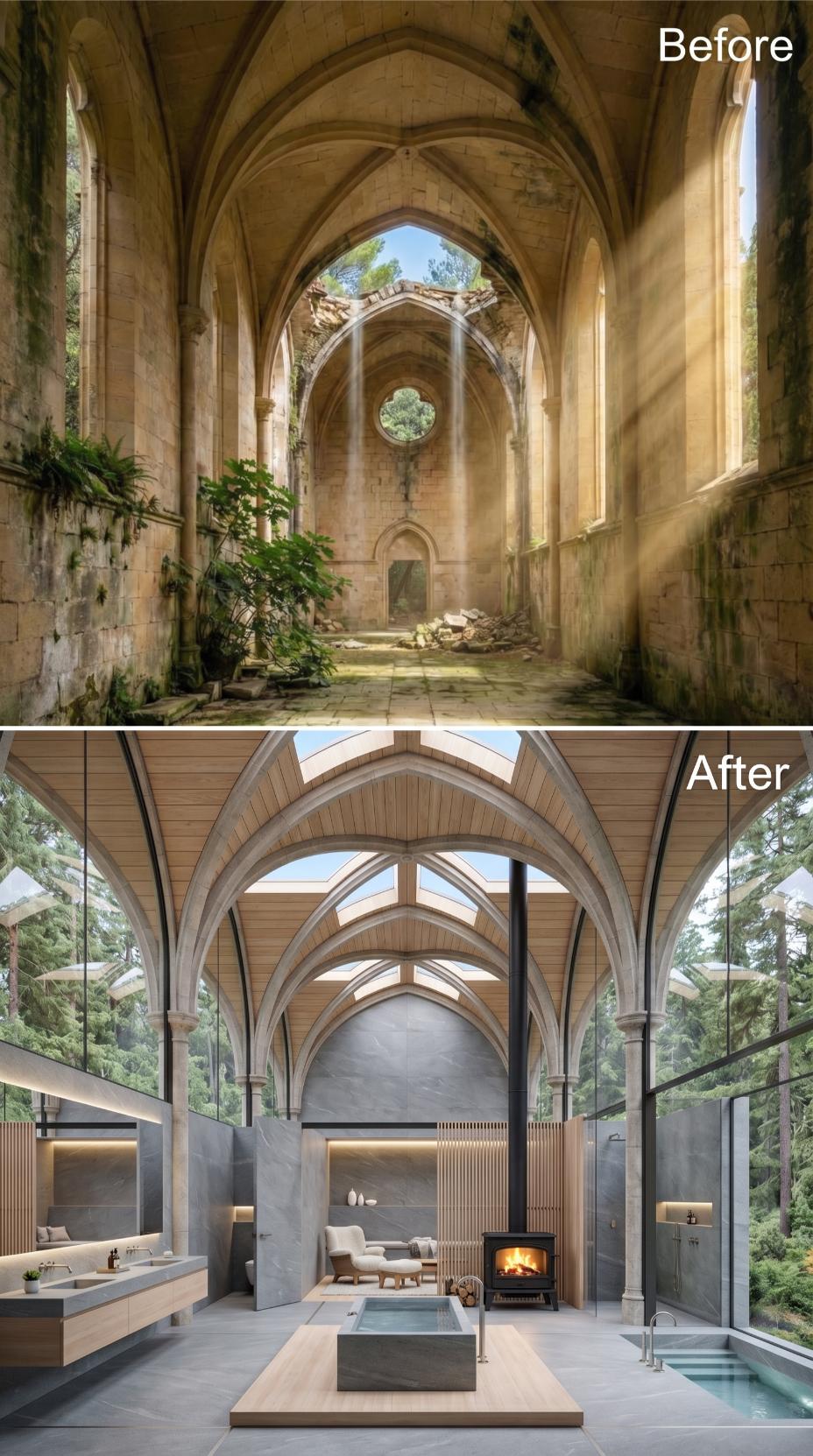 Gothic Nave Ruins Converted to a Spa Bathroom With Ribbed Vaults and a Wood-Burning Stove