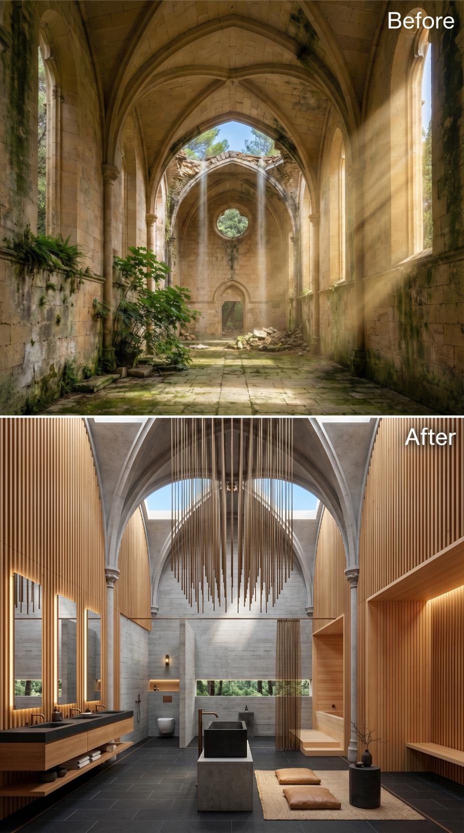 Slatted Oak Panels Line the Gothic Ribs Above a Black Stone Soaking Tub