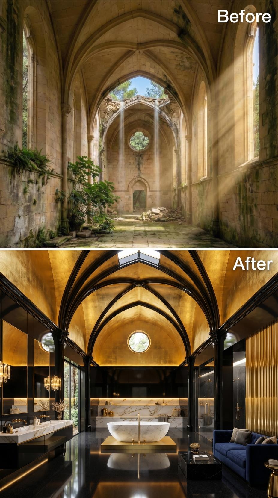 Gold Vault and Black Lacquer Reclaim a Crumbling Gothic Nave as a Luxury Bath