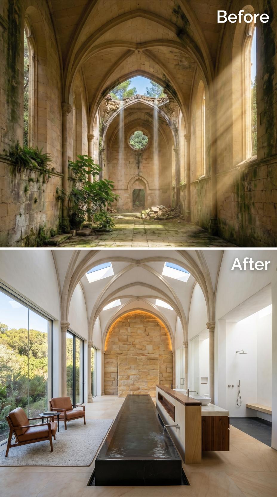 Collapsed Gothic Nave Rebuilt Around a Concrete Lap Pool and Walnut Vanity