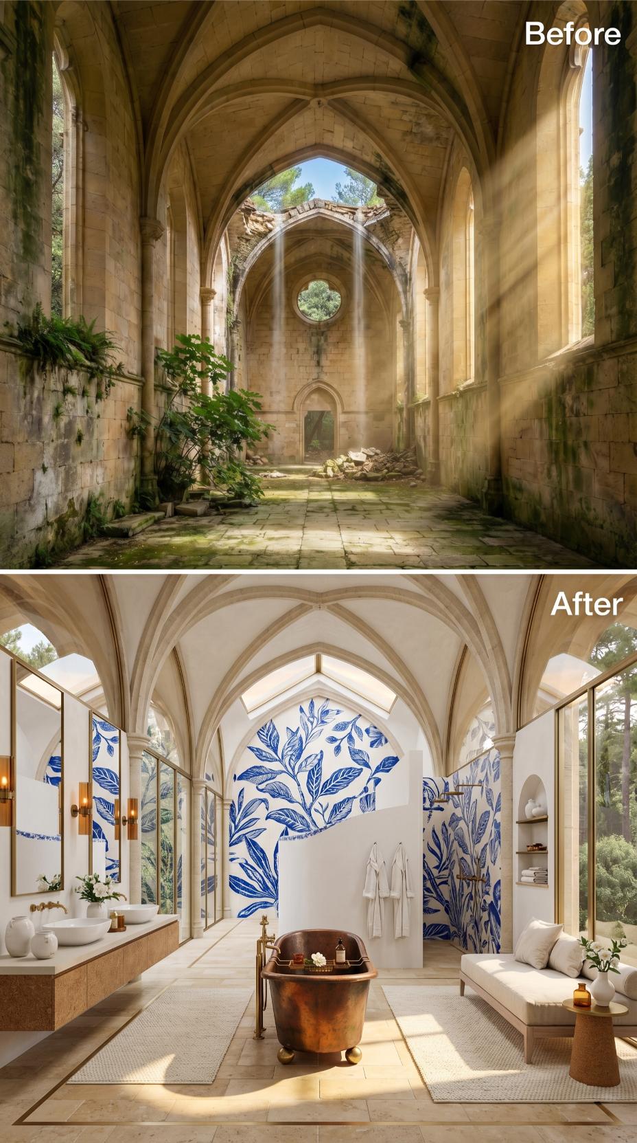 Blue-and-White Botanical Murals and a Copper Tub Reclaim a Ruined Gothic Nave