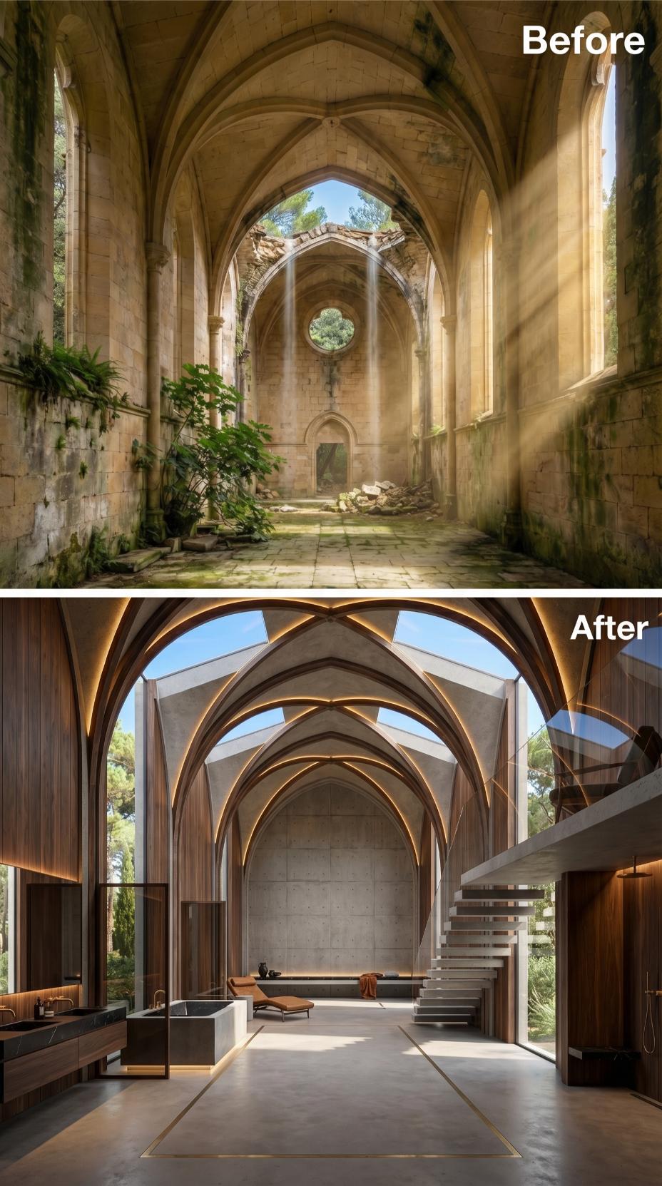 Walnut-Clad Gothic Ribs and an Open Skylight Vault Above a Concrete Soaking Tub