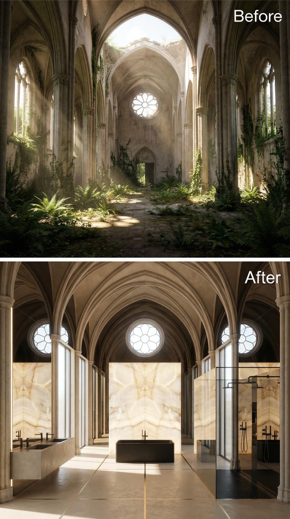 Overgrown Gothic Nave Stripped Back to Onyx Tub and Veined Marble Walls