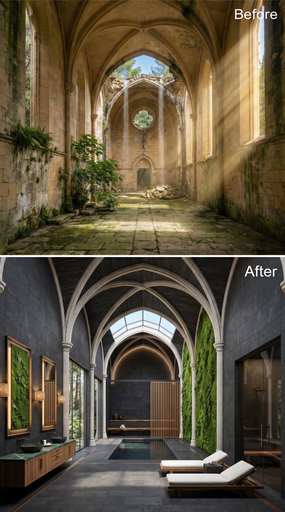 Charcoal Tile and White Gothic Arches Rebuilt Around a Plunge Pool and Living Moss Walls