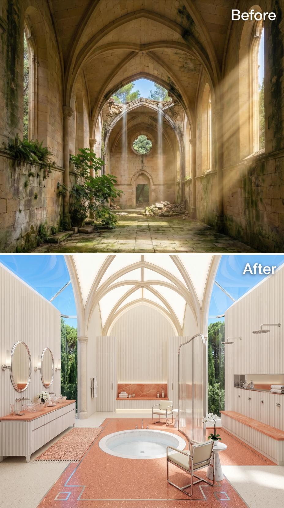 Ribbed Gothic Vaults Rebuilt Over Terracotta Terrazzo and a Sunken Round Tub