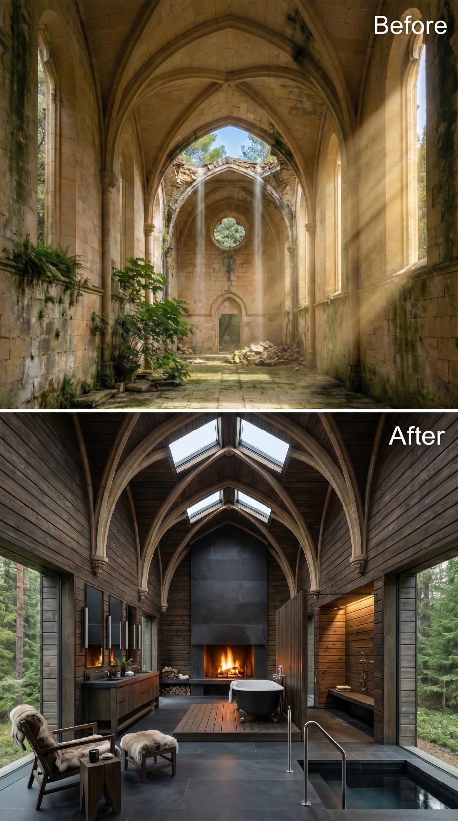 Weathered Timber Cladding and Skylights Reclaim a Gothic Nave as a Fireplace Bathroom