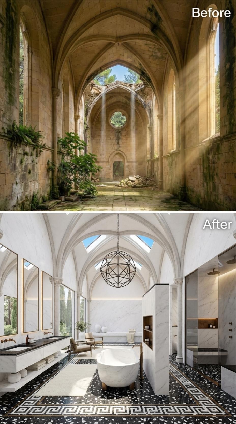 Gothic Nave Ruins Converted Into a Marble Bathroom With Vaulted Ceilings