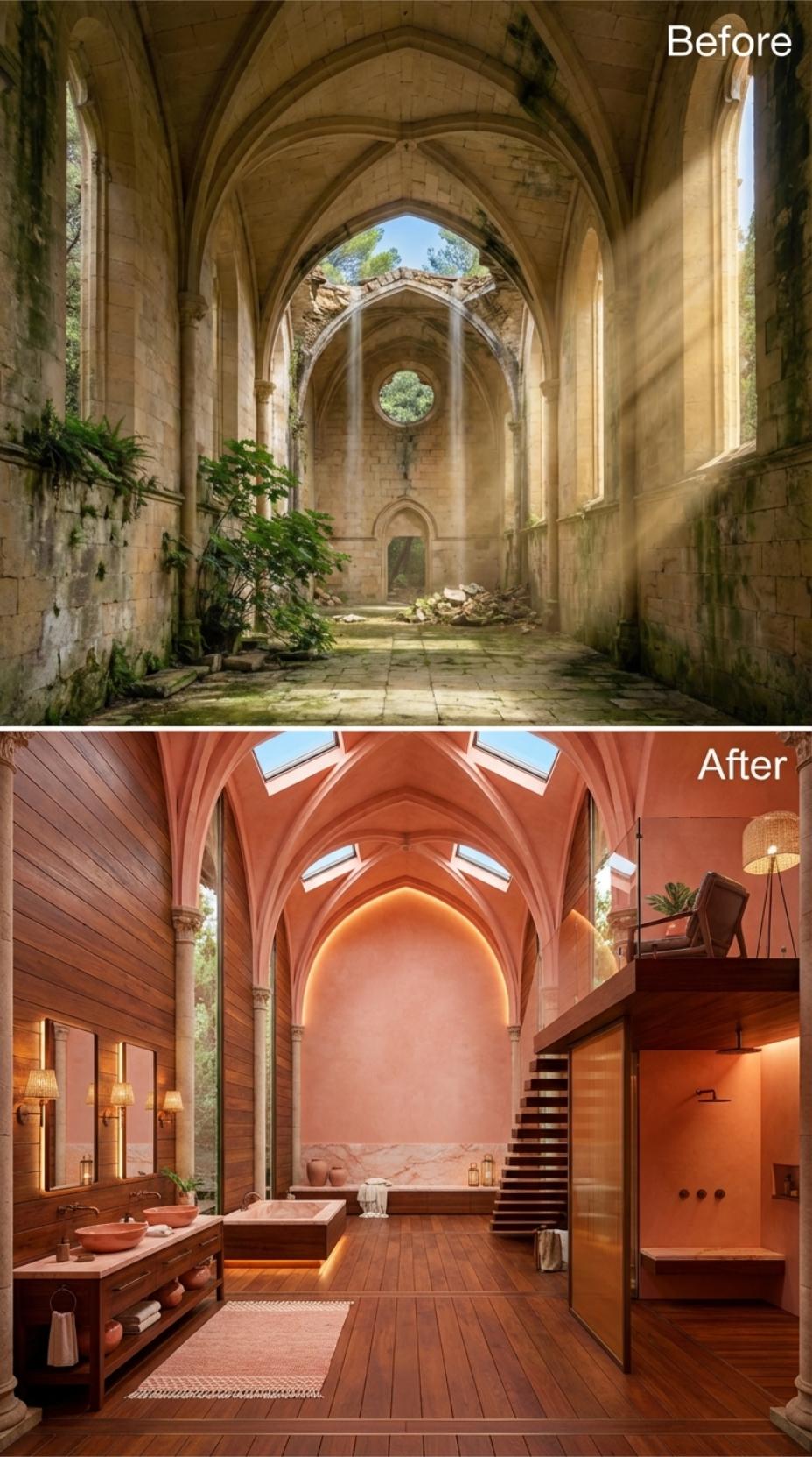 Terracotta Plaster and Teak Decking Reclaim a Crumbling Gothic Nave as a Spa Bath