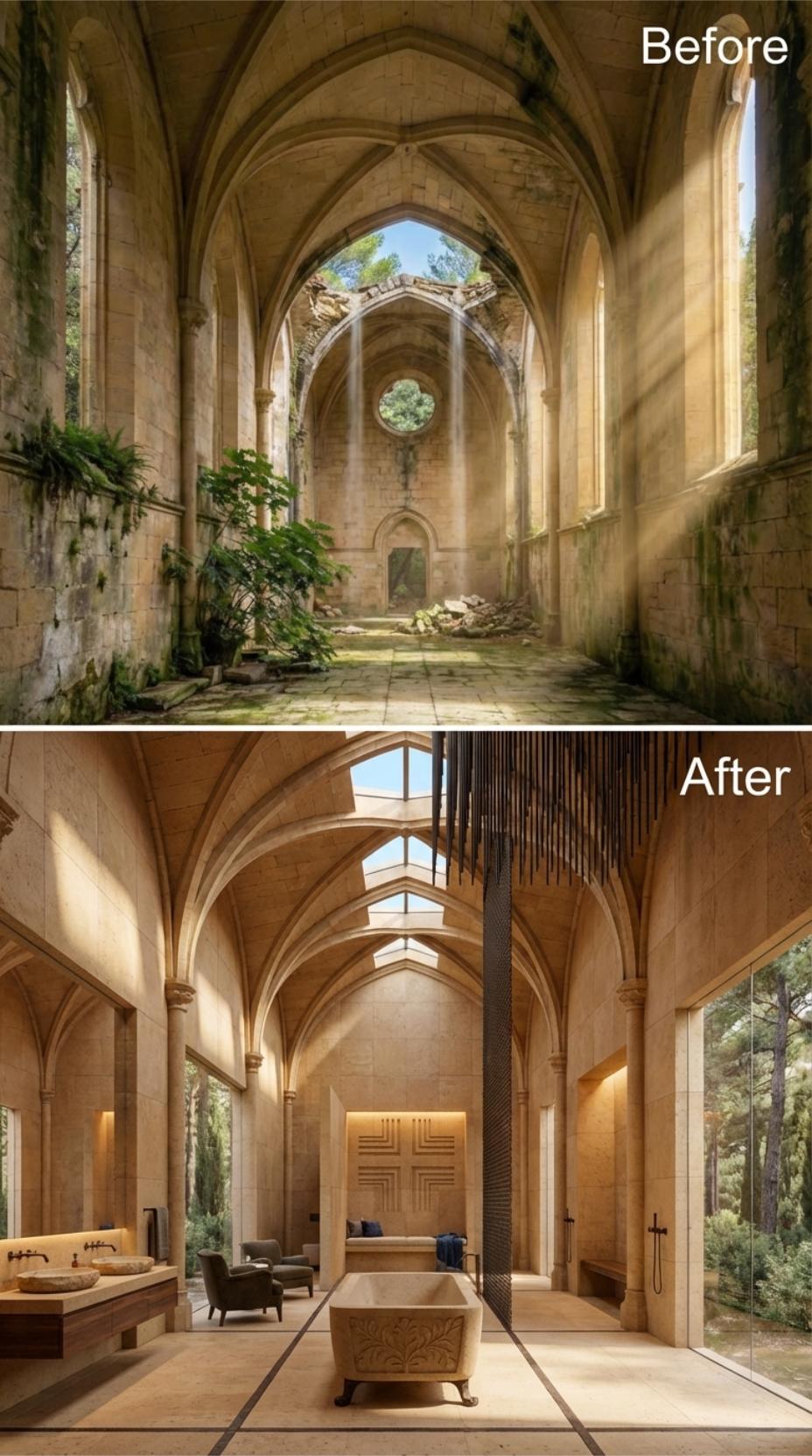 Carved Stone Tub and Brass Pendant Rails Reclaim a Ruined Gothic Nave as a Spa Bath