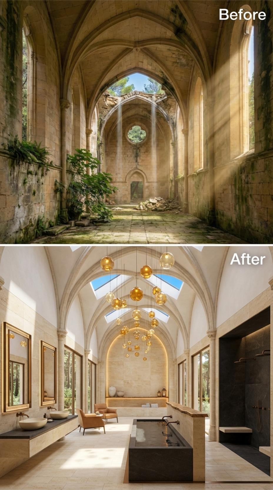 Amber Glass Pendants and Skylit Vaults Reclaim a Ruined Gothic Nave as a Spa Bath