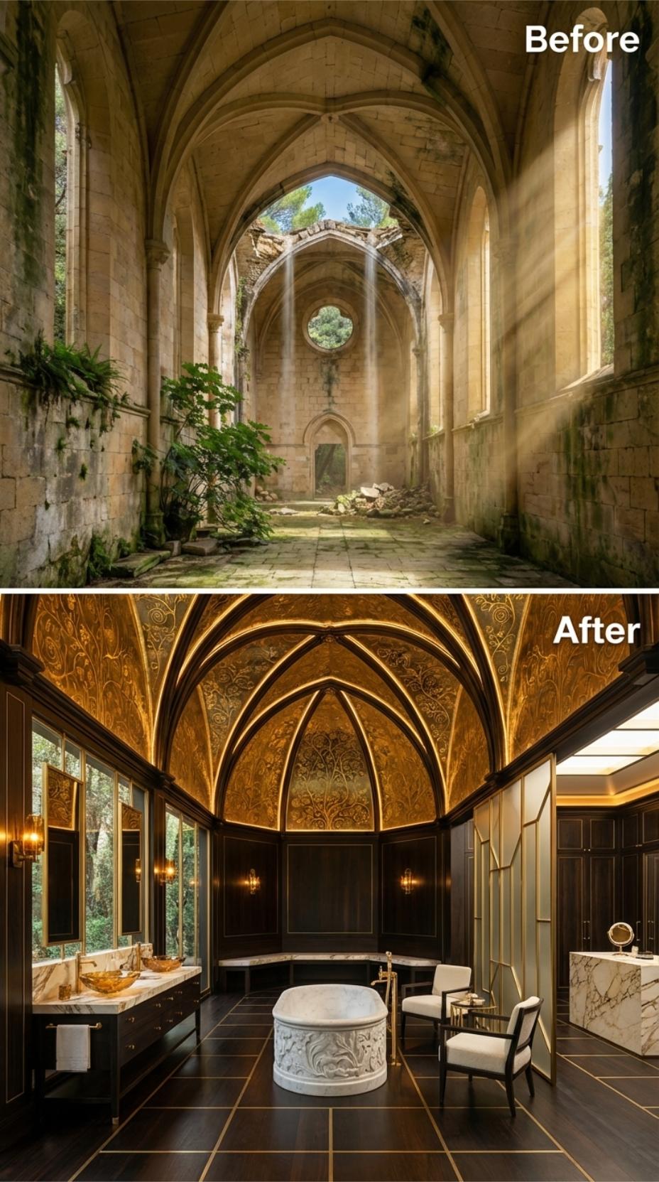 Gold-Leaf Vaults and a Carved Marble Tub Reclaim a Ruined Gothic Nave as a Spa Bath