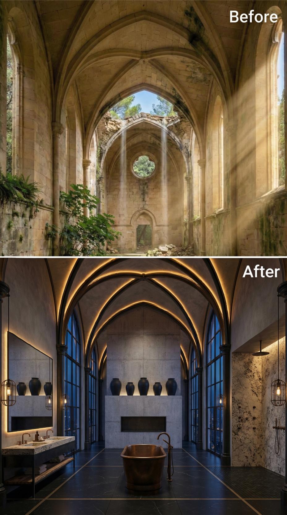 Copper Soaking Tub and LED-Lit Vaulting Replace a Nave Left Open to Sky