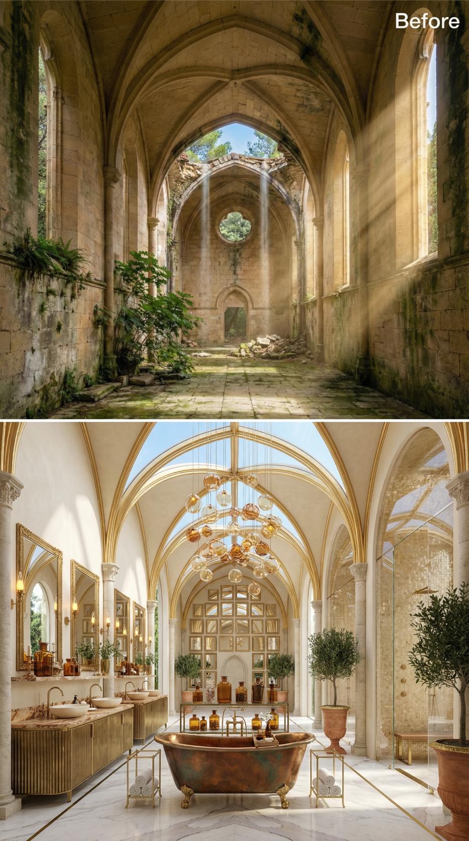 Nave in Ruins Rebuilt Around a Copper Clawfoot Tub and Amber Glass Chandelier