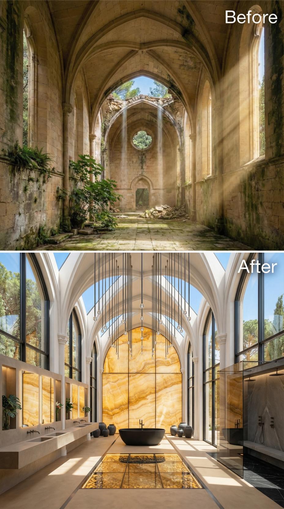 Abandoned Nave Gets Backlit Honey Onyx, a Black Soaking Tub, and a Glass Roof