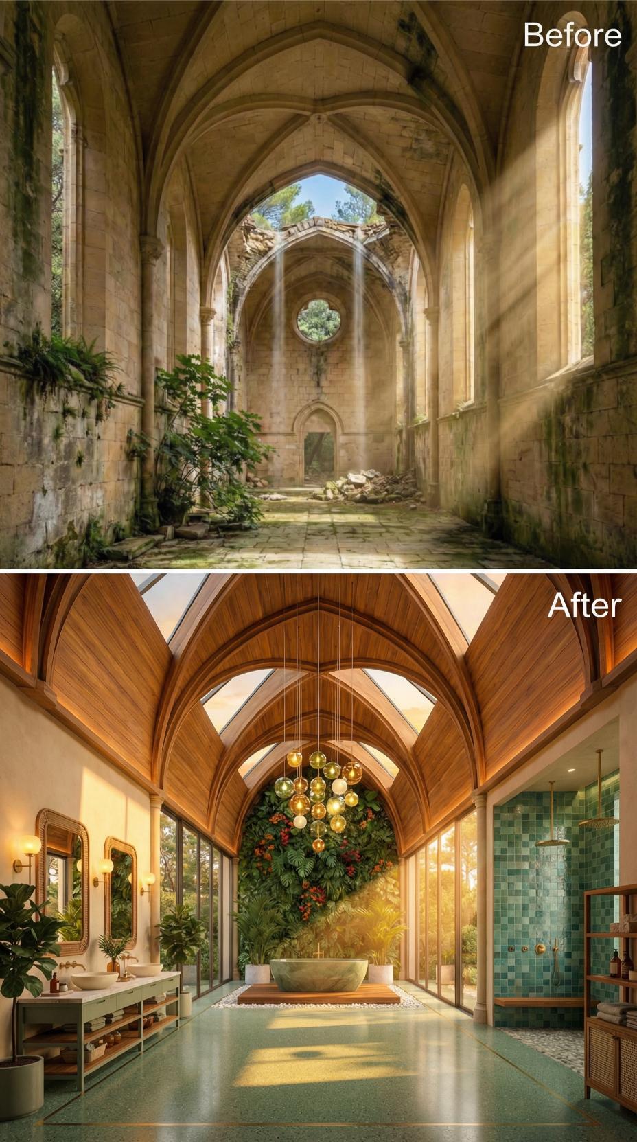 Nave of Crumbling Stone Reborn With Warm Teak Vaulting and a Living Plant Wall